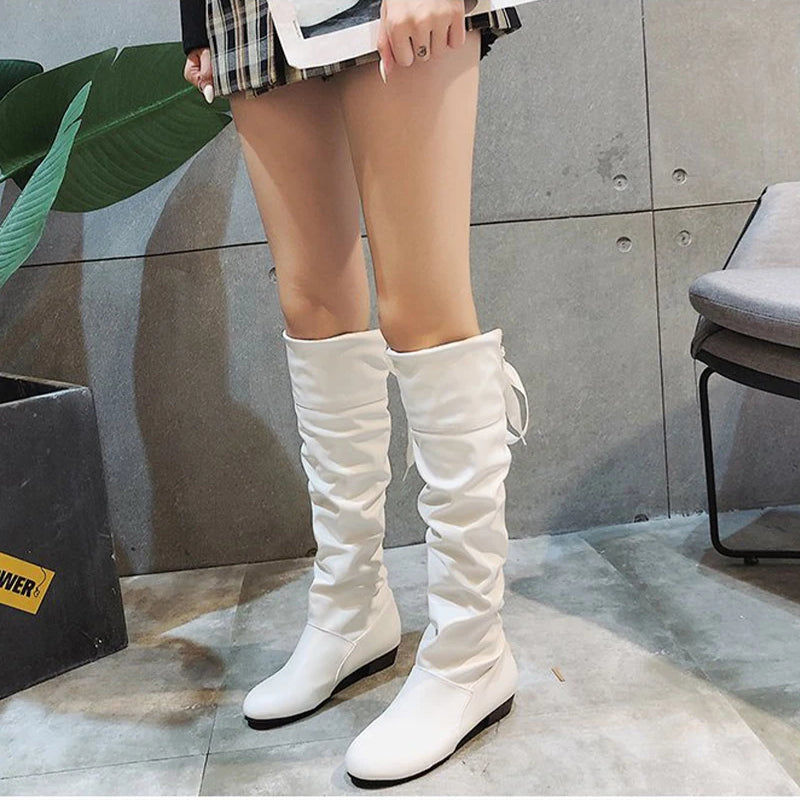 Shoes For Women  Knee High Boots Red Black White Tall Boots Woman Pleated Low Heel Casual Leather Female Long Shoes 2024