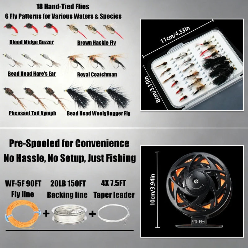 Professional Complete Fly Fishing Combo Rod Reel Floating Line Flies Stream Freshwater Trout Tackle