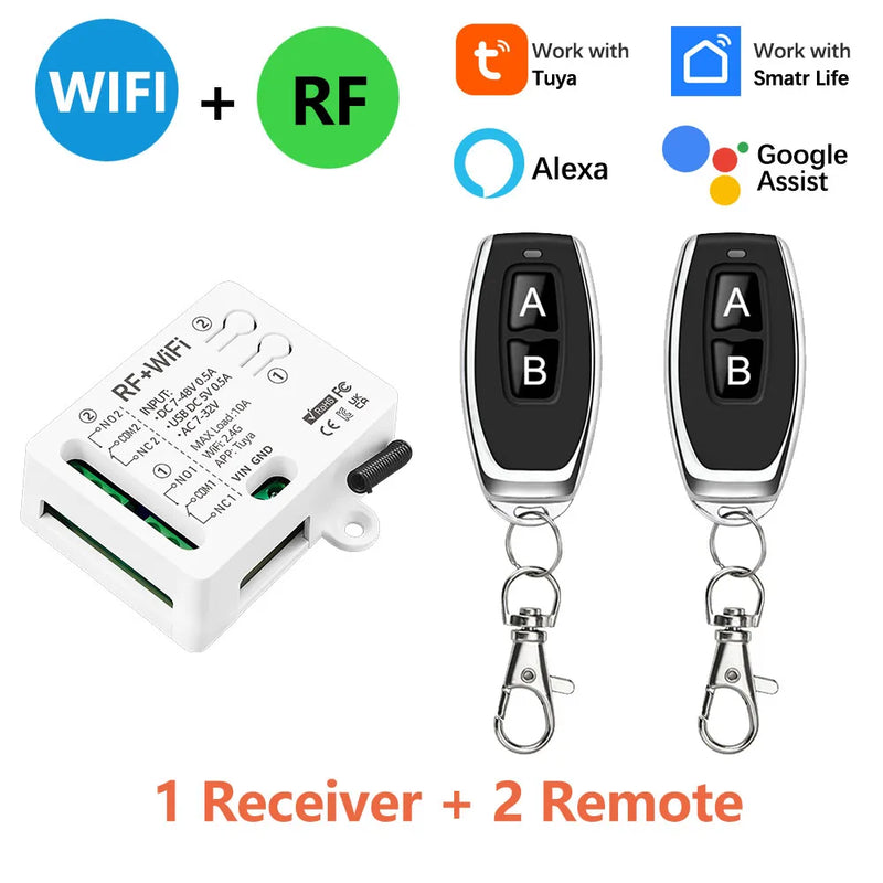 Tuya WiFi RF Switch DC 12V 24V 2Channels Dry Contact Relay Wireless Remote Control Transmitter 50m work with Google Assist,Alexa