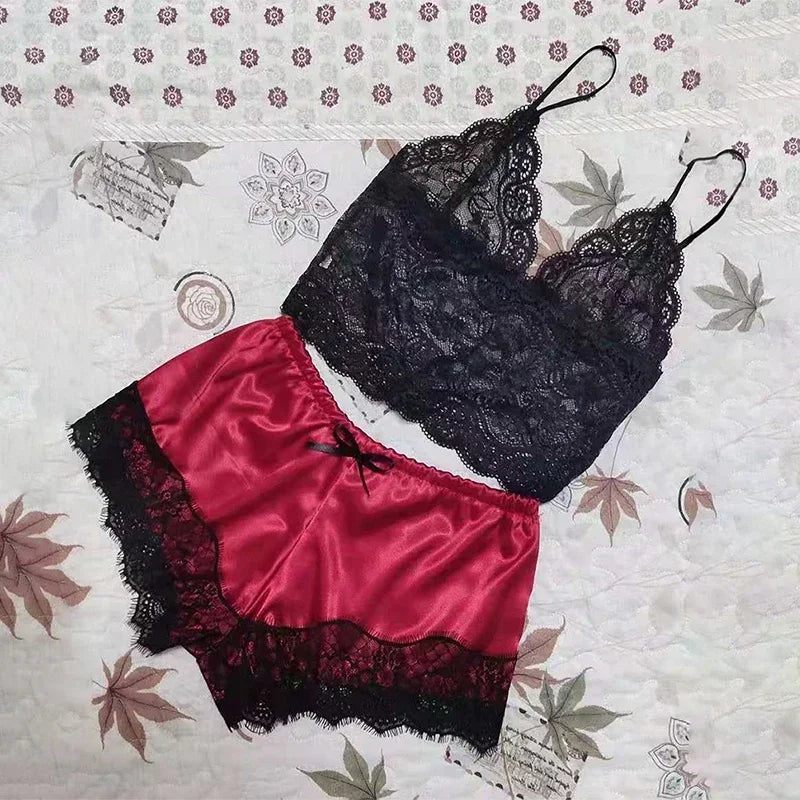 Sexy Womens Lace Sleepwear Lace Nachtkleding Lingerie Sleeveless V-Neck Babydoll Pajamas Set Lingerie Tops Shorts Set Nightwear