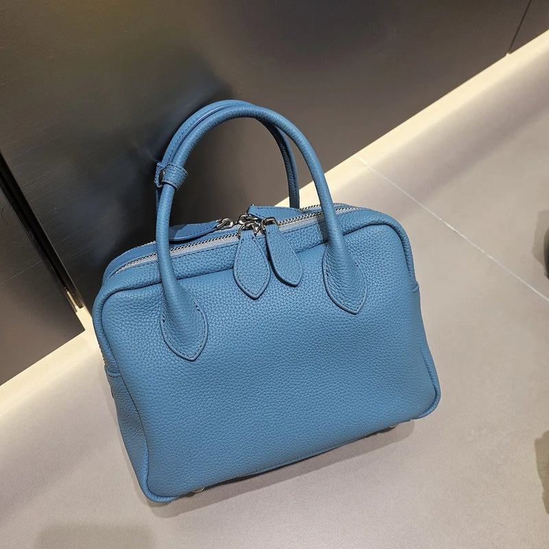 Genuine Leather Women's Boston Bag, New Niche Design Double Zipper Simple Wide Shoulder Strap Fashion Portable Shoulder Bag