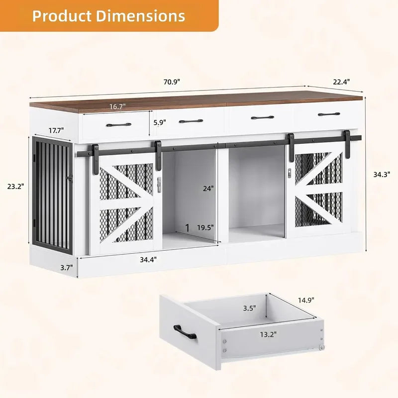 Oversized Dog Cage Furniture, Indoor Dog Bed with Detachable Partitions and Drawers, Sturdy Wooden Dog Box TV Stand