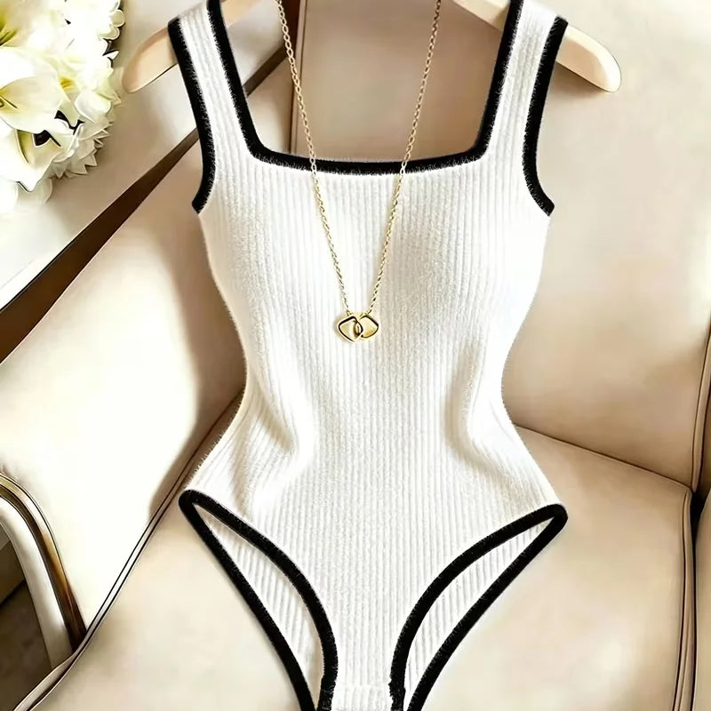 3pcs Women's Ribbed Bodysuit Set Fashionable Black Piped Square Neck Waist-Cinching Style Summer Nightlife Wear Elegant Beach Ou
