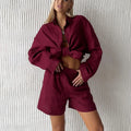 FSMG Fashion Solid Cotton Linen Shorts Set Casual Loose Buttons Long Sleeves Shirt  Elastic Waist Shorts Outfit Lady Chic Outfit