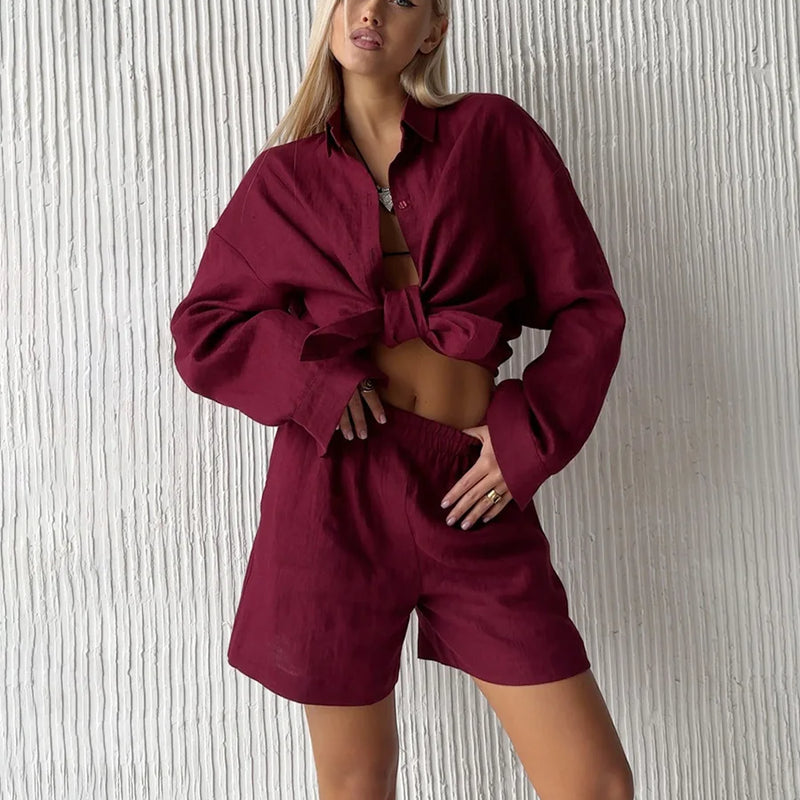 FSMG Fashion Solid Cotton Linen Shorts Set Casual Loose Buttons Long Sleeves Shirt  Elastic Waist Shorts Outfit Lady Chic Outfit