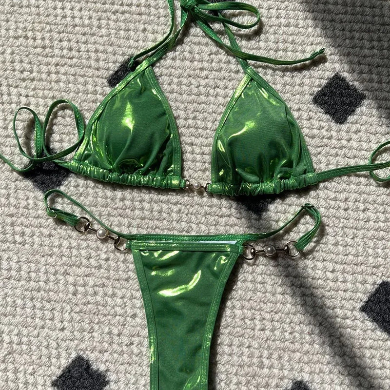 PU Leather Pearls Bikini Mini Micro Thong Women Swimwear | SAMAG