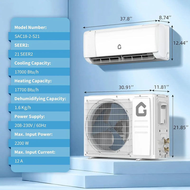 18000 BTU Mini Split Air Conditioner Heat Pump System, 21SEER2 230V Inverter Cools Up to 1250 Sq.Ft, Heat Pump Ductless, Custom
