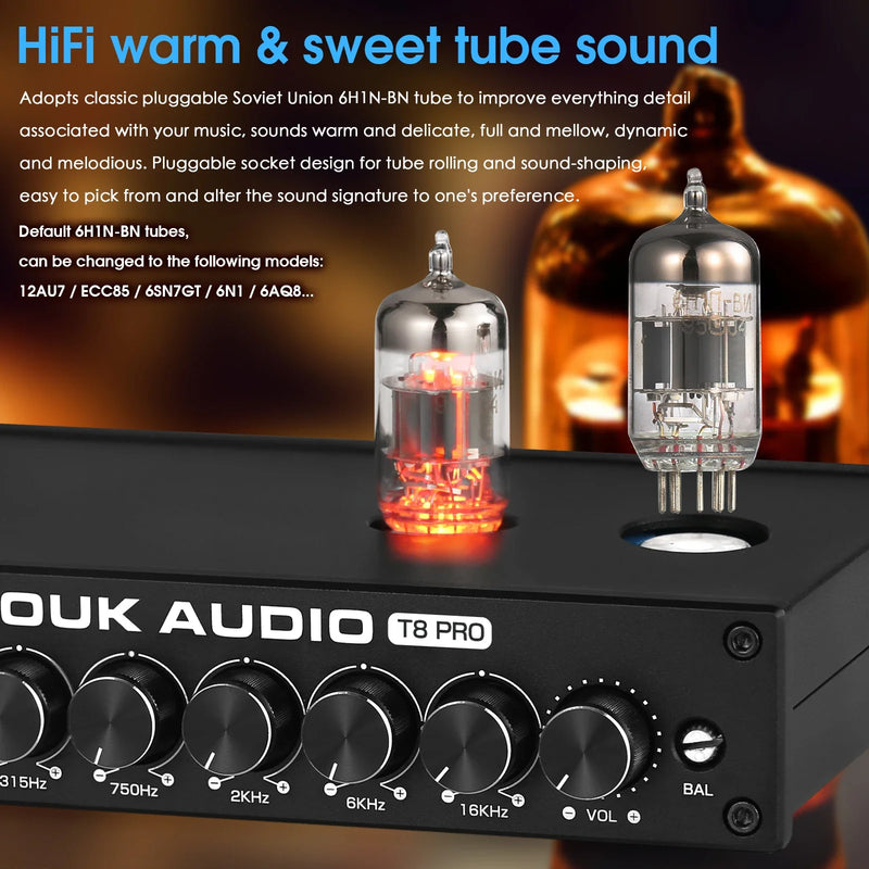 Nobsound HiFi 7-band EQ Equalizer Vacuum Tube Balanced XLR Stereo RCA Pre-amplifier with Tone Control for Desk Speaker