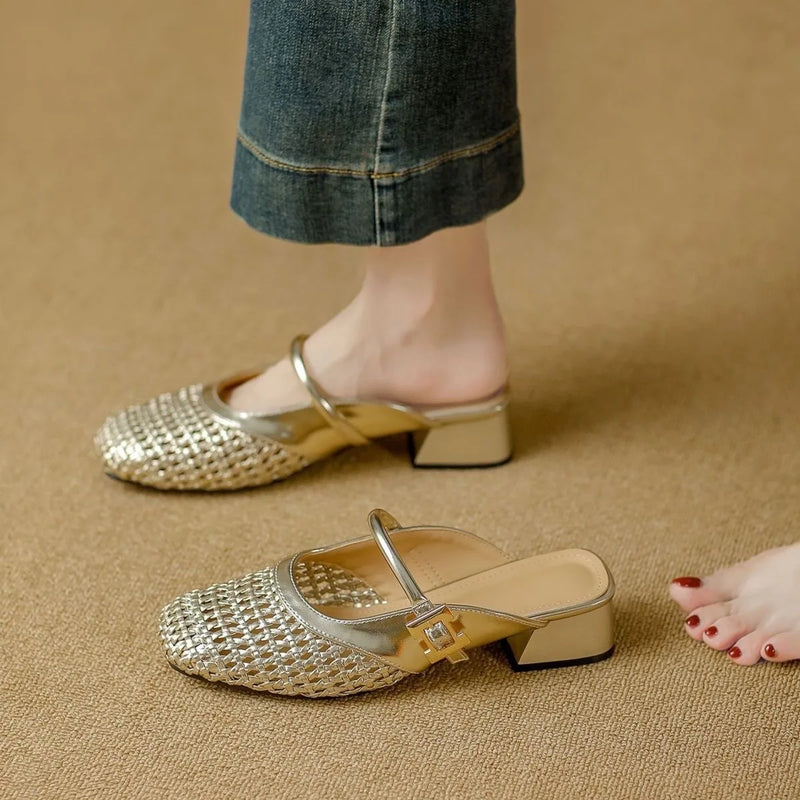 Women’s Mesh Cutout Closed Toe Mule Sandals | Summer 2026 Mid Heel Breathable Slip On Woven Strap Slides