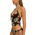 Women Y2K Tropical Floral Tankini Set, Halter Tie Front | SAMAG
