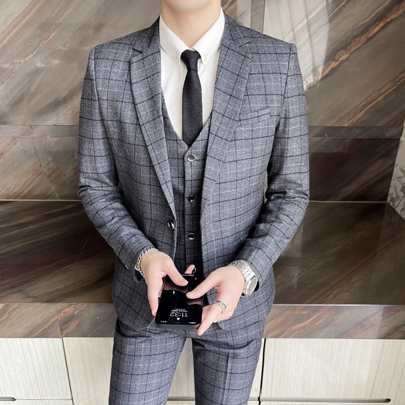 Men's High-Quality Cotton Texture Wedding Suit Set - Plaid Pattern Business Casual Three-Piece Vest Trousers Ensemble