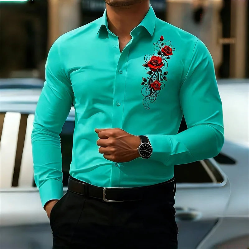 Men's Long-Sleeved Shirt, Featuring a Vintage Red Rose | SAMAG