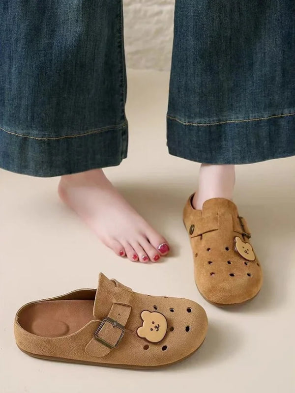 Soft Leather Bear Cutout Mules for Women, New Breathable Closed-Toe Slide Sandals, Slip-On Hollow Out Clogs