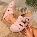 Womens Mules Round Toe Suede Look Texture Caged Cutout Flat Shoes Adjustable Buckle Strap Casual Backless Slip on Walking Clogs