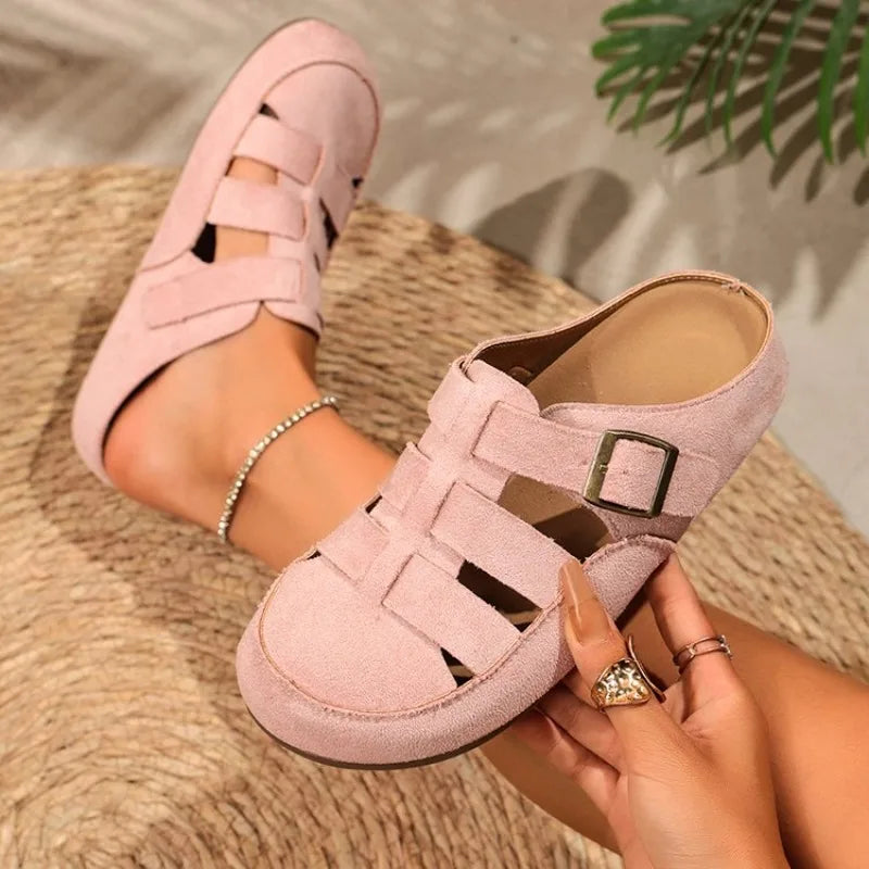 Womens Mules Round Toe Suede Look Texture Caged Cutout Flat Shoes Adjustable Buckle Strap Casual Backless Slip on Walking Clogs
