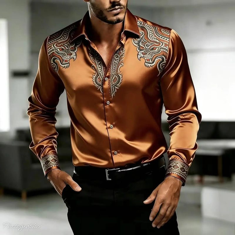 Men's Retro Baroque Printed Satin Silk Shirt Long Sleeved | SAMAG