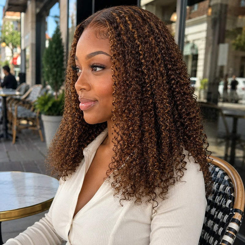 TIMOPOL 20 Inch Jerry Curly Human Hair Wig P4/27 Highlight 13x4 Lace Frontal, Glueless Pre Plucked with Baby Hair Curly Wig for Black Women