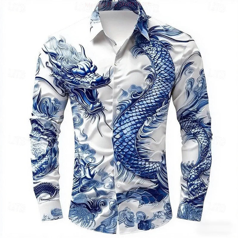 Multicolour Dragon Men's Long Sleeve Shirt Button Fashion | SAMAG