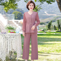 Women Spring Summer Two Piece Suit Middle Aged Mom V Neck Long Sleeve Top Slim Flared Pants Elegant Casual Outfit