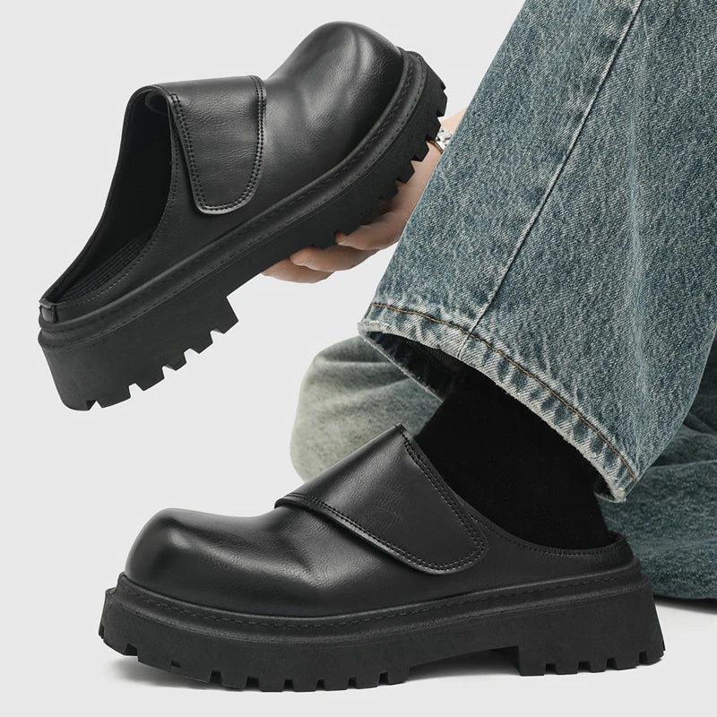 Men's leathers slip on casual shoes summer soft-sole non-slip outdoor walking shoes fashion breathable lightweight semi slippers