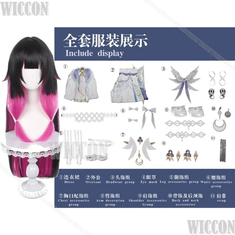 Damselette Columbina Game Genshin Impact Cosplay White Purple Dress Lolita Girl Woman Wig Headwear Halloween Cos Comic Con Suit