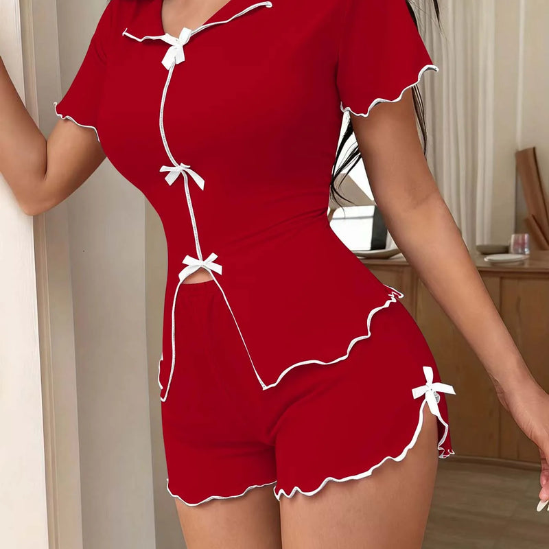 Women's Sweet Pajamas Set Bow Short Sleeve | SAMAG