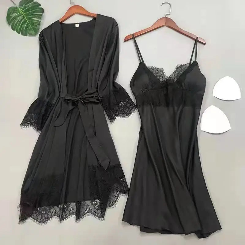 White Sleep Set Pajamas Lady Lace Satin Pyjamas Kimono | SAMAG