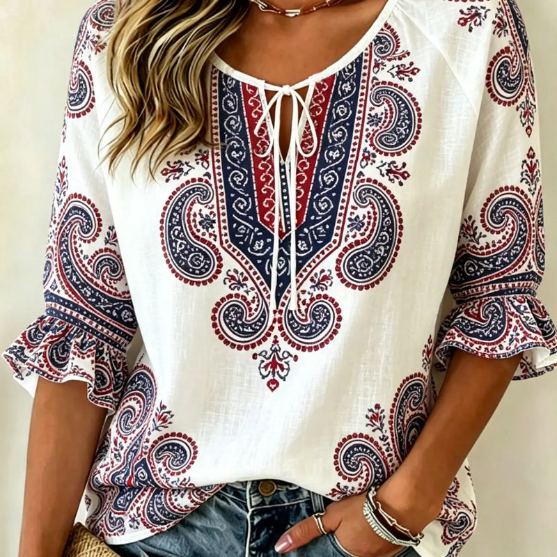 Women's Black Purple Floral Print Tie Neck Blouse, Casual - View 2 | SAMAG
