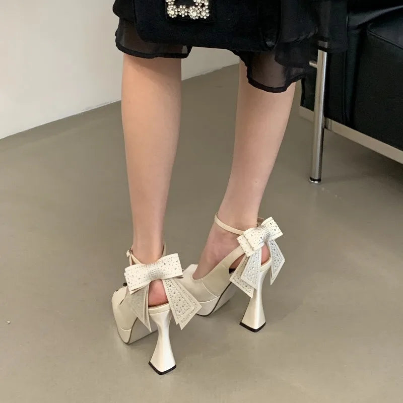 New Women's Thick-soled Waterproof Platform Thick High Heels Shoes Heel Rhinestone Big Bow Super High Heels Wedding Shoes