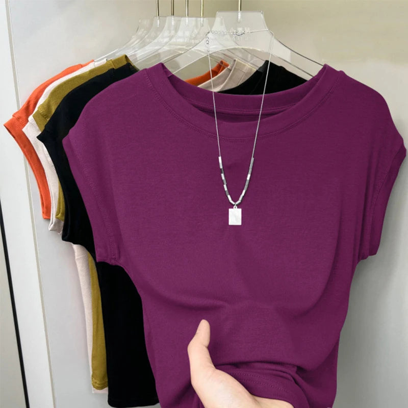 1pcs Women T Shirt Summer Sleeveless Round Neck Breathable Loose Leisure Tops Comfort Lady Basic Tee Solid Female Ice Silk Vests