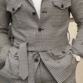 Plaid Single Breasted Safari Men Suit with Belt Set Separates 2 Pieces Custom Made Casual Wedding Daily Party (Blazer + Pants)