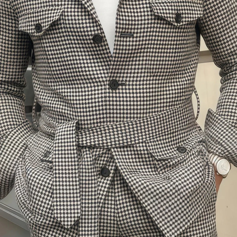 Plaid Single Breasted Safari Men Suit with Belt Set Separates 2 Pieces Custom Made Casual Wedding Daily Party (Blazer + Pants)
