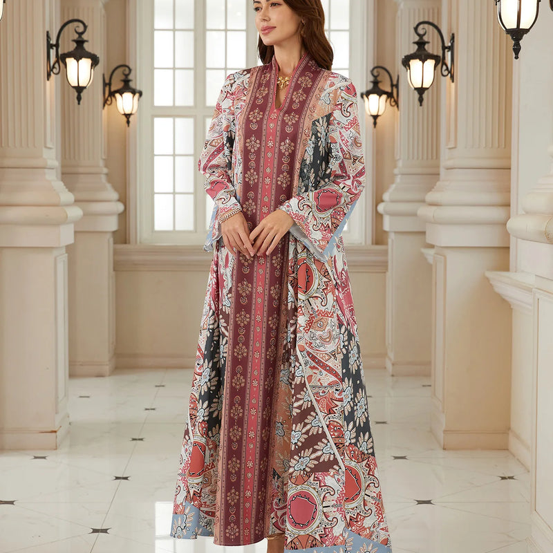Ethnic V Neck Abaya Boho Floral Print Long Sleeve Loose | SAMAG