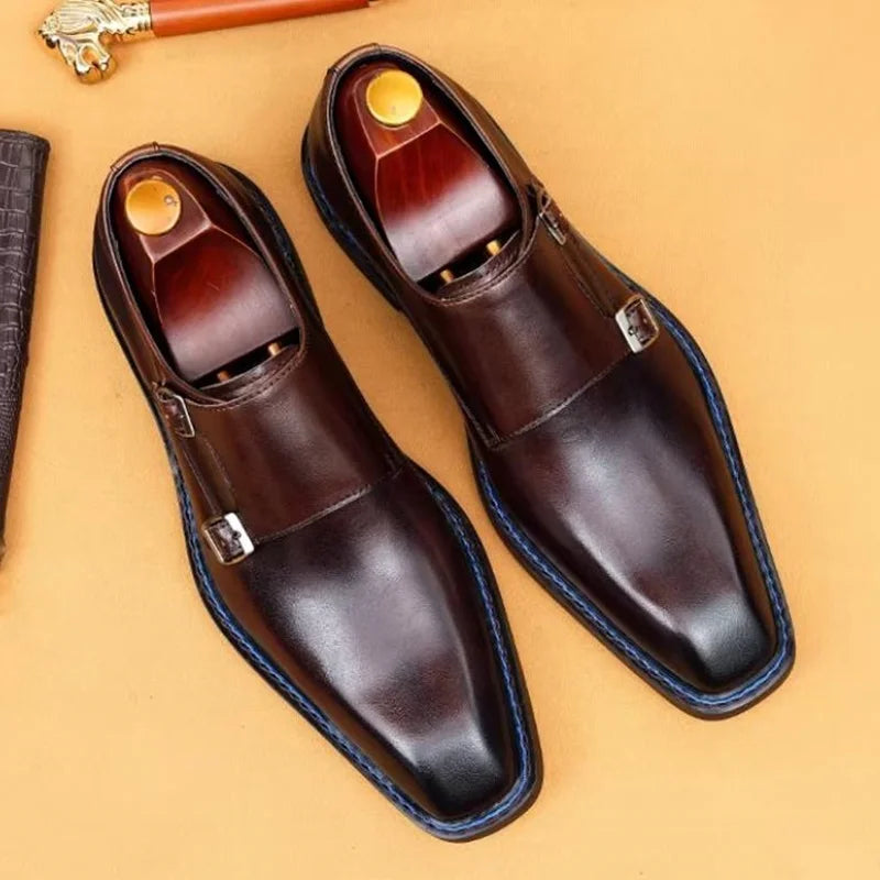 High-end Cowhide Leather Shoes For Men Square Toe Double Monk Strap Shoes Mens Dress Shoes Slip On Business Formal Shoes