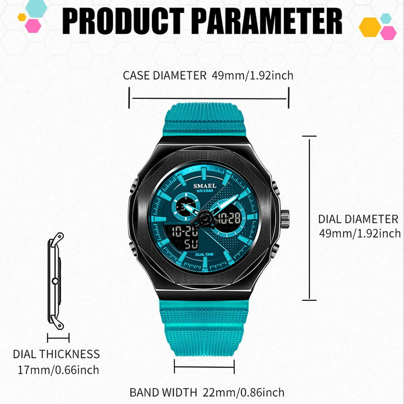 SMAEL Women Dual Display Waterproof Sport Quartz Watch LED Digital Analog Stopwatch Durable Daily Outdoor Casual Wristwatch