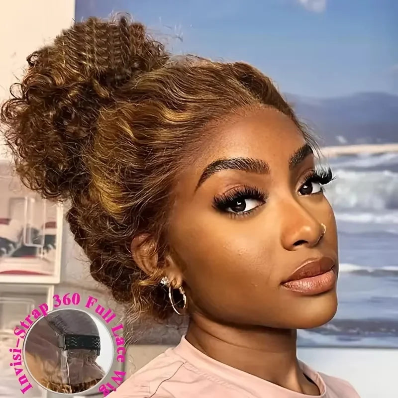 30 40 Inch Deep Wave Human Hair Wig 360 Full Lace Front with Hidden Strap 4/27 Blonde Highlights Pre Plucked Brazilian Curly Wig