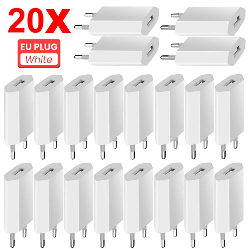 20Pcs Universal 5V 1A USB Wall Travel Charger Head Power Adapter Portable  EU Plug  Charging  For Mobile Phone MP3 7 8 Xs