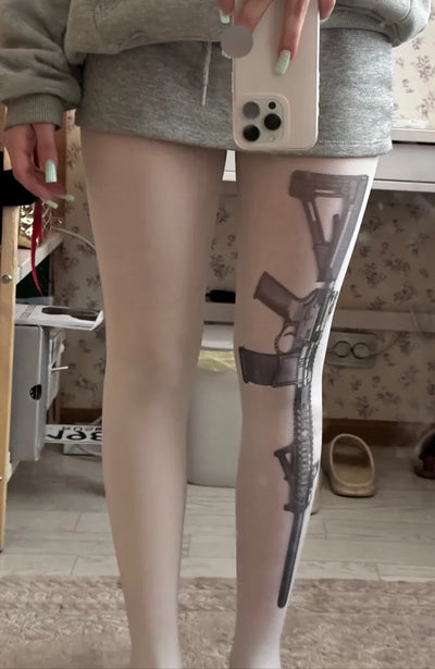 Y2K Stocks Letter Pattern Tights Women Punk Black White | SAMAG