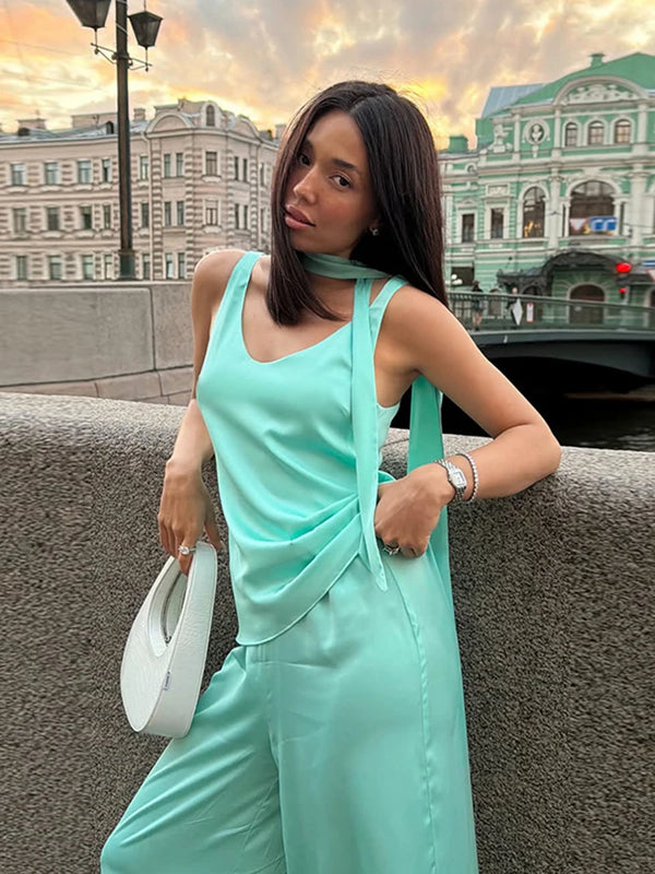 Casual Satin Pants Sets Women V Neck Sleeveless Scarf Patchwork Loose Suits Female 2026 Autumn New Chic Solid Vacation Set Lady