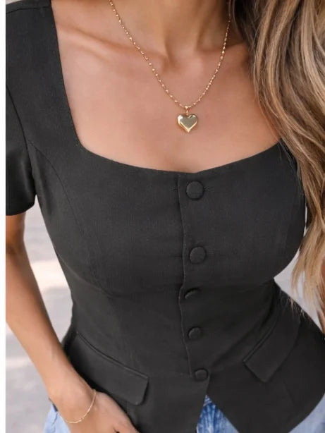 Women's Elegant Black Short Sleeved Slim Fit - View 3 | SAMAG