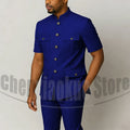 Men's Grey Mandarin Collar Suit Set Short Sleeves Multi-Pocket Jacket and Trousers Fashion Formal Smart Casual Wedding Suits