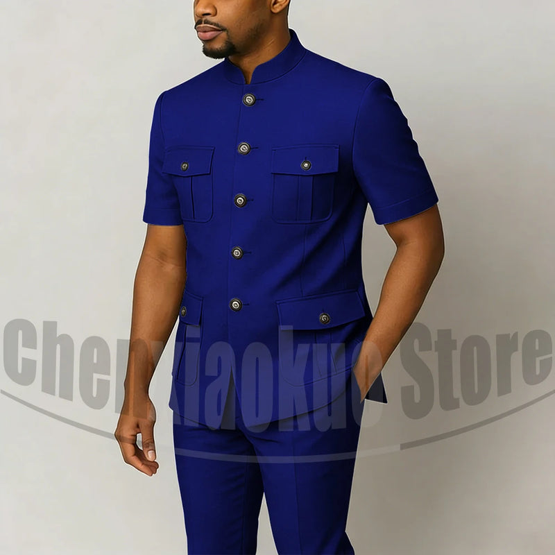 Men's Grey Mandarin Collar Suit Set Short Sleeves Multi-Pocket Jacket and Trousers Fashion Formal Smart Casual Wedding Suits