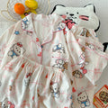 Cartoon Hello Kitty Summer Cardigan Lapel Women's Pajama Set Cloud Cotton Cute Printed Casual Loungewear Three-piece Set
