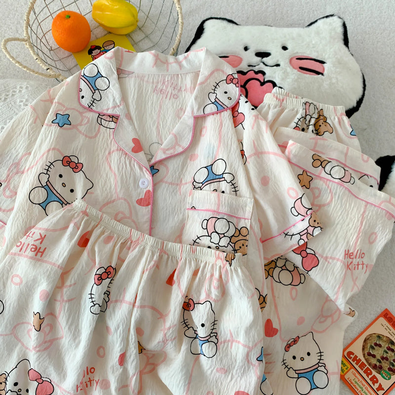 Cartoon Hello Kitty Summer Cardigan Lapel Women's Pajama Set Cloud Cotton Cute Printed Casual Loungewear Three-piece Set
