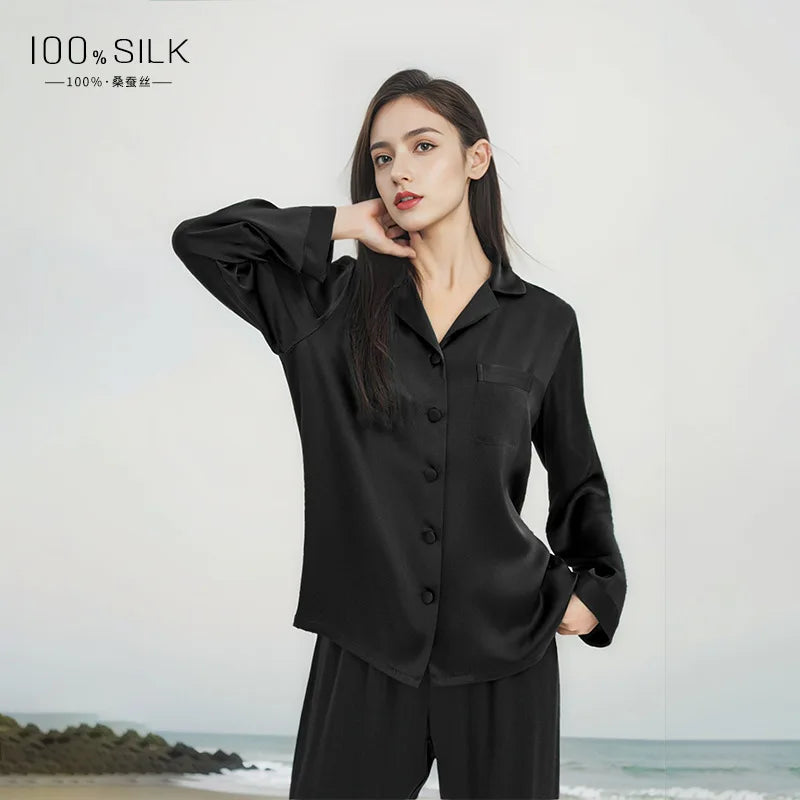 2025 Summer New 100% Mulberry Silk Long-Sleeve Long Pants 2PCS Sets Women's Pajama Set European  American Style Loungewear