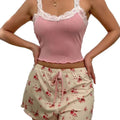 Women's Two-Piece Summer Ribbed Knitted Flower Print Lace Trimmed Camisole Vest and Bow Shorts Sexy Pajama Set