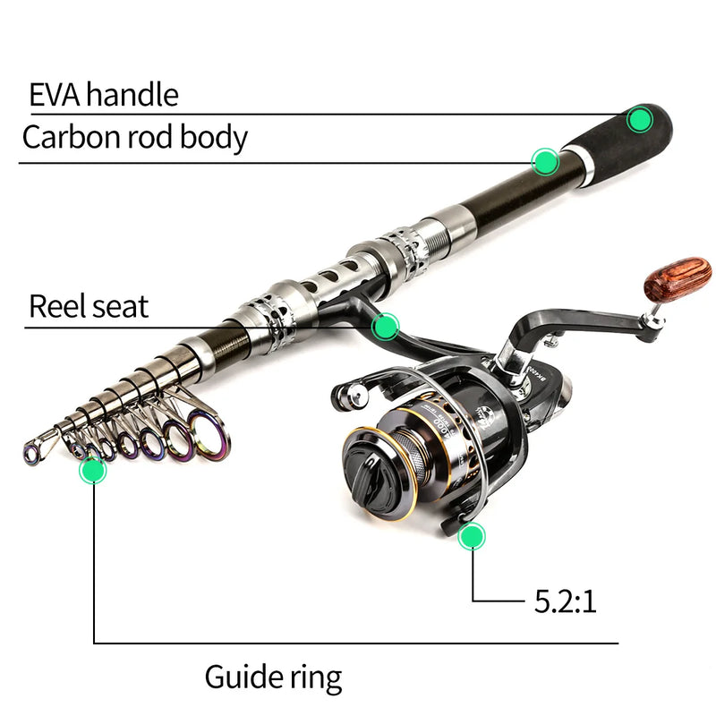 Carbon lure rod wheel set, sea fishing rod, telescopic fishing rod, rotating reel, travel, fresh water fishing set
