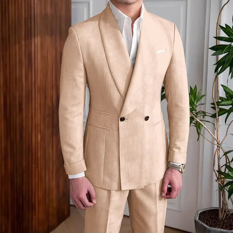 Men's Linen Suit 2-Piece Khaki Shawl Collar Double-Breasted Slim Fit Breathable Jacket and Pants Formal Set for Summer Business