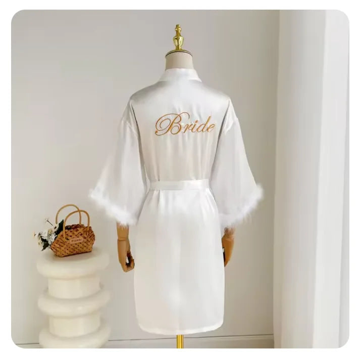 White Bride Wedding Robe with Feathers Women Satin | SAMAG