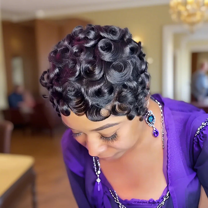 Human Hair Pixie Cut Wig Short Layered Curly with Bangs Natural Black Dark 99J Color Brown Color Machine Made Wig